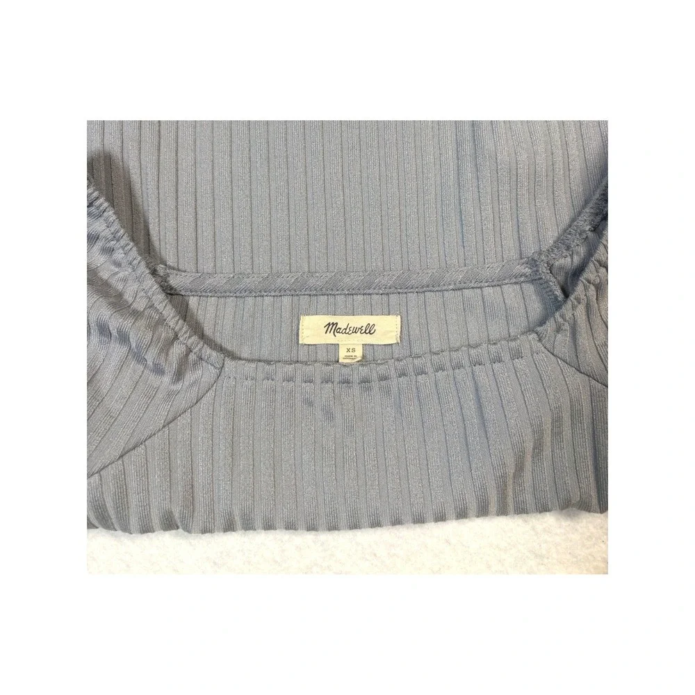 Madewell Ribbed Square Neck Puff Sleeve Top Blue Grey XS CKP477262429